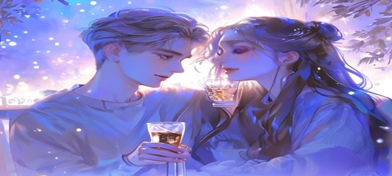 久久伊人品牌主视觉大图，温柔蓝紫光晕下一对年轻情侣相依而坐，手捧热饮，画面充满久久陪伴的温情与诗意